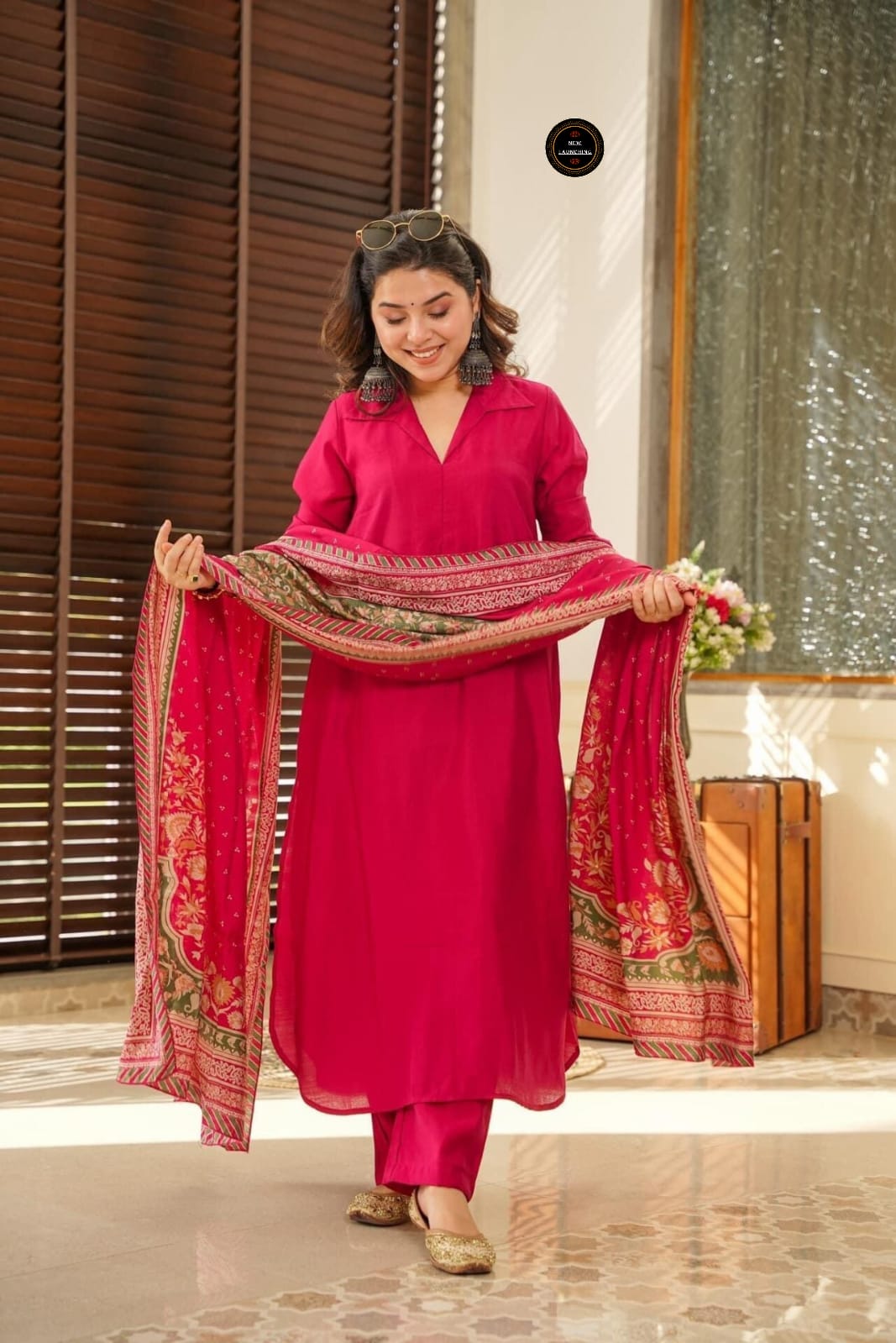 Exclusive Pink South Cotton Kurti Set with Embroidery & Chanderi Silk Dupatta