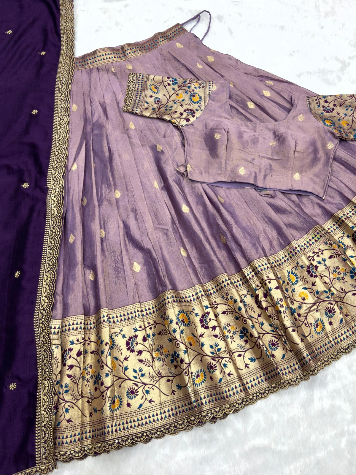 Premium Lavender Tissue Silk Paithani Lehenga Choli Set with Violet Vichitra Dupatta | Zari Weaving & Embroidery Work | Stitched | Size Adjustable (36–44)