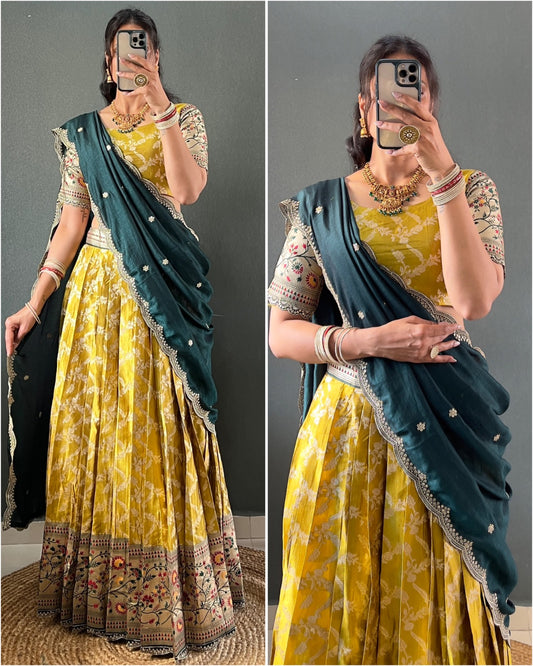 Yellow Tissue Silk Paithani Lehenga Choli with Dark Green Vichitra Dupatta | Zari Weaving & Embroidery Work | Stitched | Size Adjustable (36–44)
