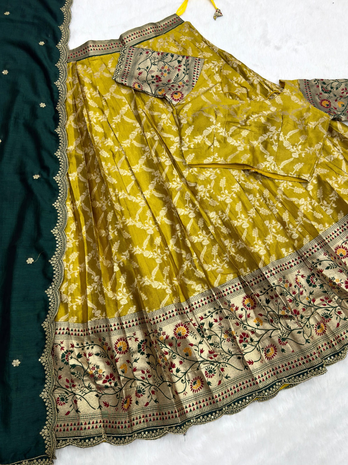 Yellow Tissue Silk Paithani Lehenga Choli with Dark Green Vichitra Dupatta | Zari Weaving & Embroidery Work | Stitched | Size Adjustable (36–44)