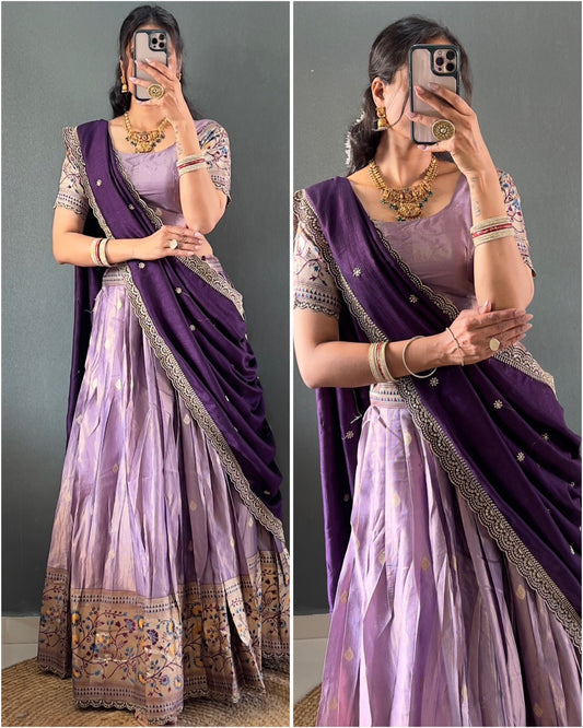 Premium Lavender Tissue Silk Paithani Lehenga Choli Set with Violet Vichitra Dupatta | Zari Weaving & Embroidery Work | Stitched | Size Adjustable (36–44)
