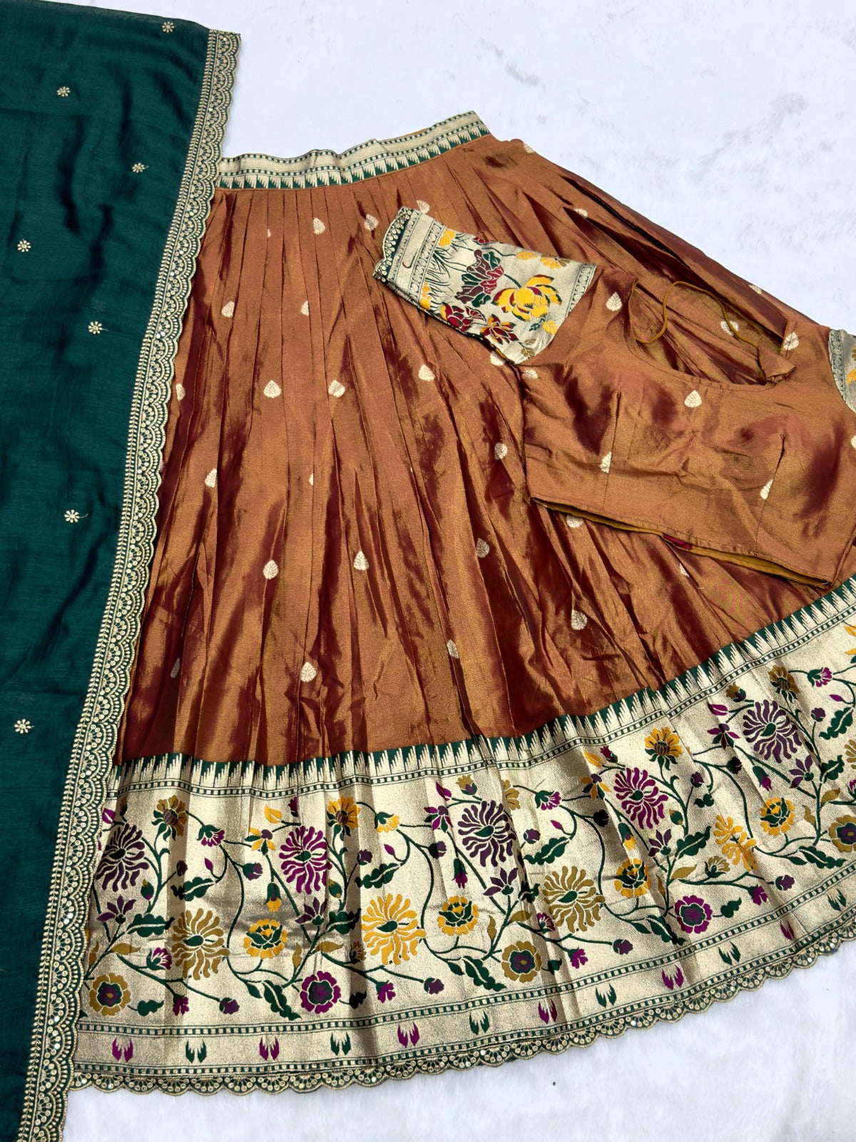 Copper Tissue Silk Paithani Lehenga Choli with Green Vichitra Dupatta | Zari Weaving & Embroidery Work | Stitched | Size Adjustable (36–44)