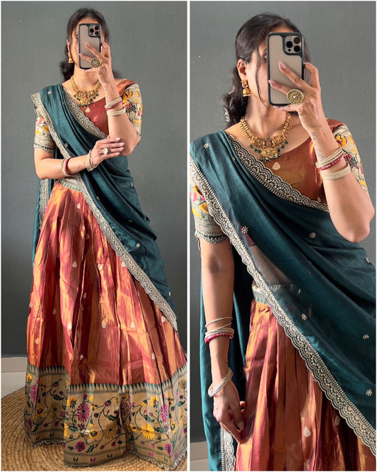 Copper Tissue Silk Paithani Lehenga Choli with Green Vichitra Dupatta | Zari Weaving & Embroidery Work | Stitched | Size Adjustable (36–44)