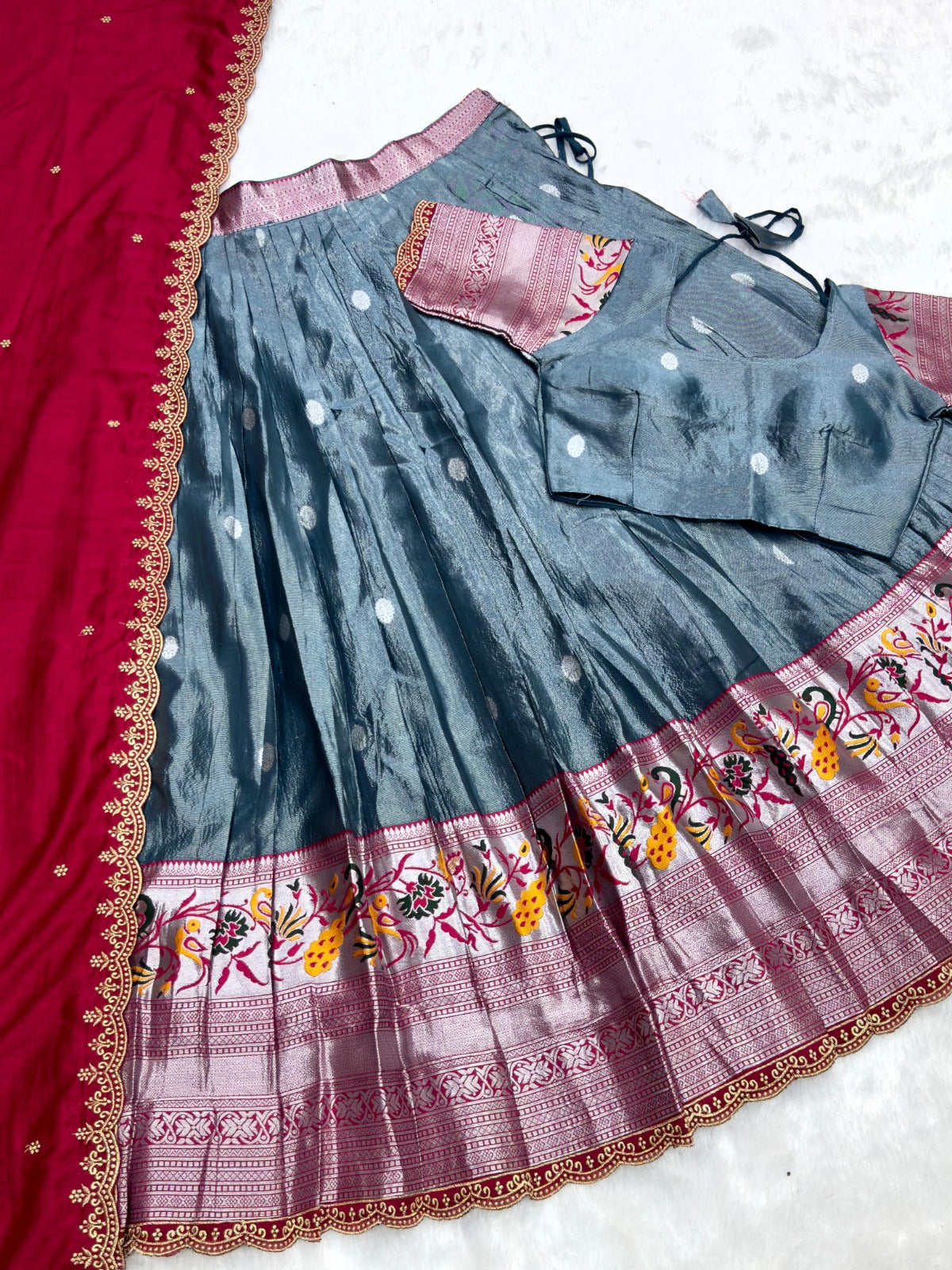 Blue Tissue Silk Paithani Lehenga Choli with Pink Vichitra Dupatta | Zari Weaving & Embroidery Work | Stitched | Size Adjustable (36–44)