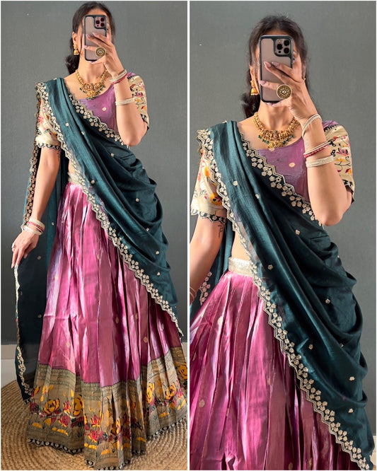 Lavender Tissue Silk Paithani Lehenga Choli with Green Vichitra Dupatta | Zari Weaving & Embroidery Work | Stitched | Size Adjustable (36–44)