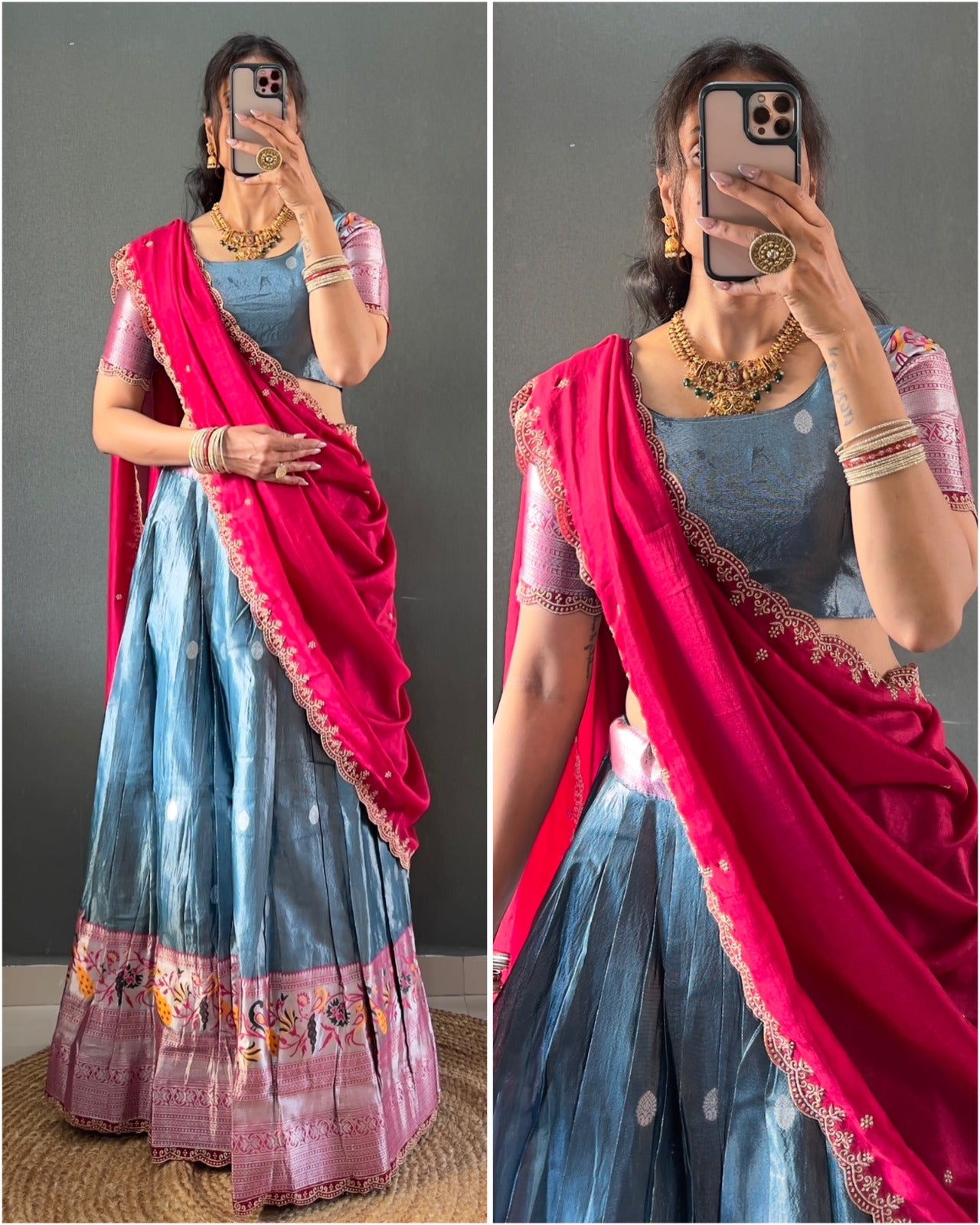 Blue Tissue Silk Paithani Lehenga Choli with Pink Vichitra Dupatta | Zari Weaving & Embroidery Work | Stitched | Size Adjustable (36–44)