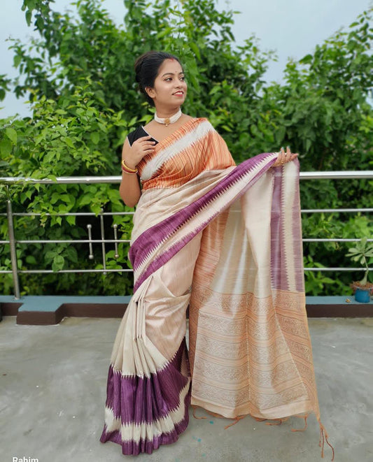Premium Lightweight Tussar Silk Saree – Off White with Plum Purple & Copper Zari Highlights