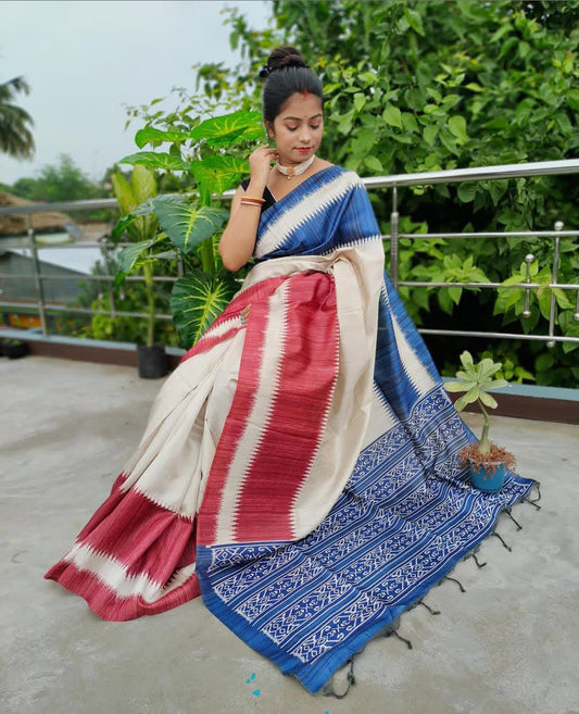 Temple Pattern Lightweight Tussar Silk Saree – Off White with Royal Blue & Coral Stripes