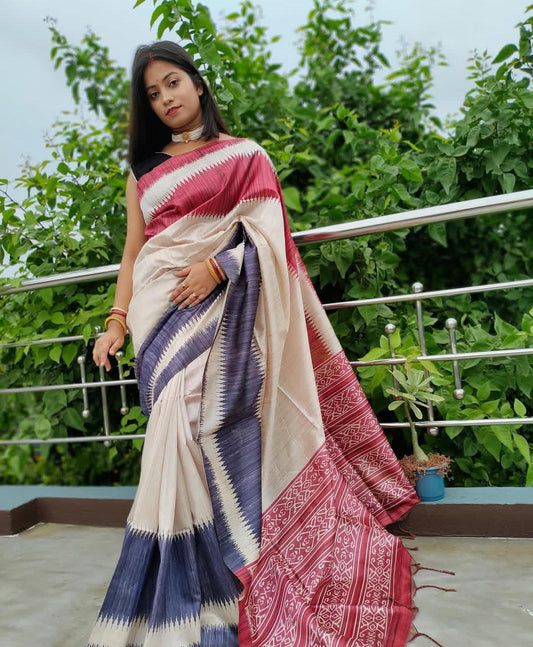 Off White Tussar Silk Saree with Wine & Navy Zig-Zag Temple Border and Printed Pallu