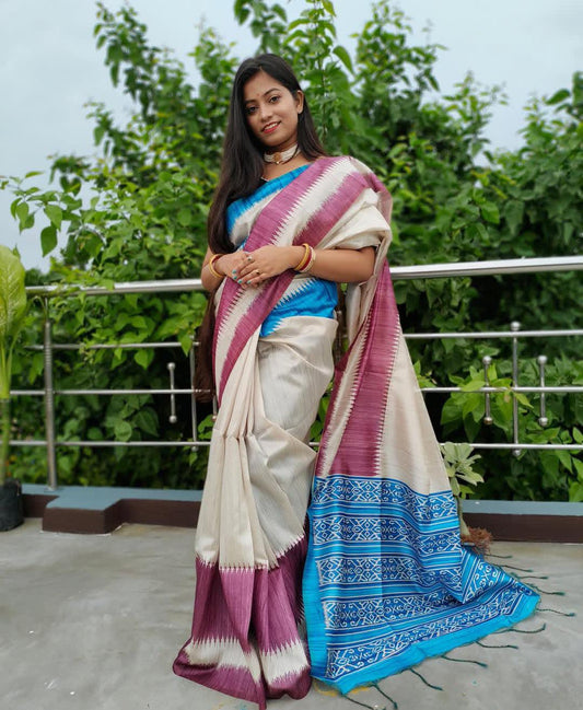 Exclusive Festive Off White Tussar Silk Saree – Wine Border, Blue Pallu & Printed Blouse