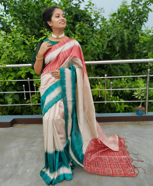 Temple Design & Zari Border Elegant Tussar Silk Saree – Off White with Teal & Coral Stripes