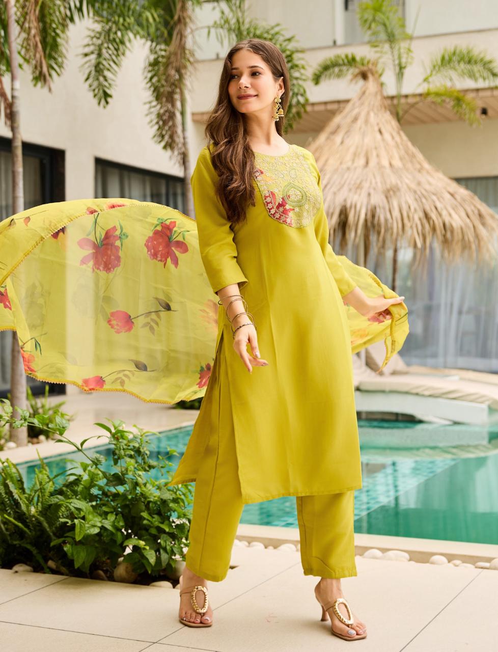 Casual & Occasion Wear Trendy Liril Rayon Embroidered Kurti  Set for Women