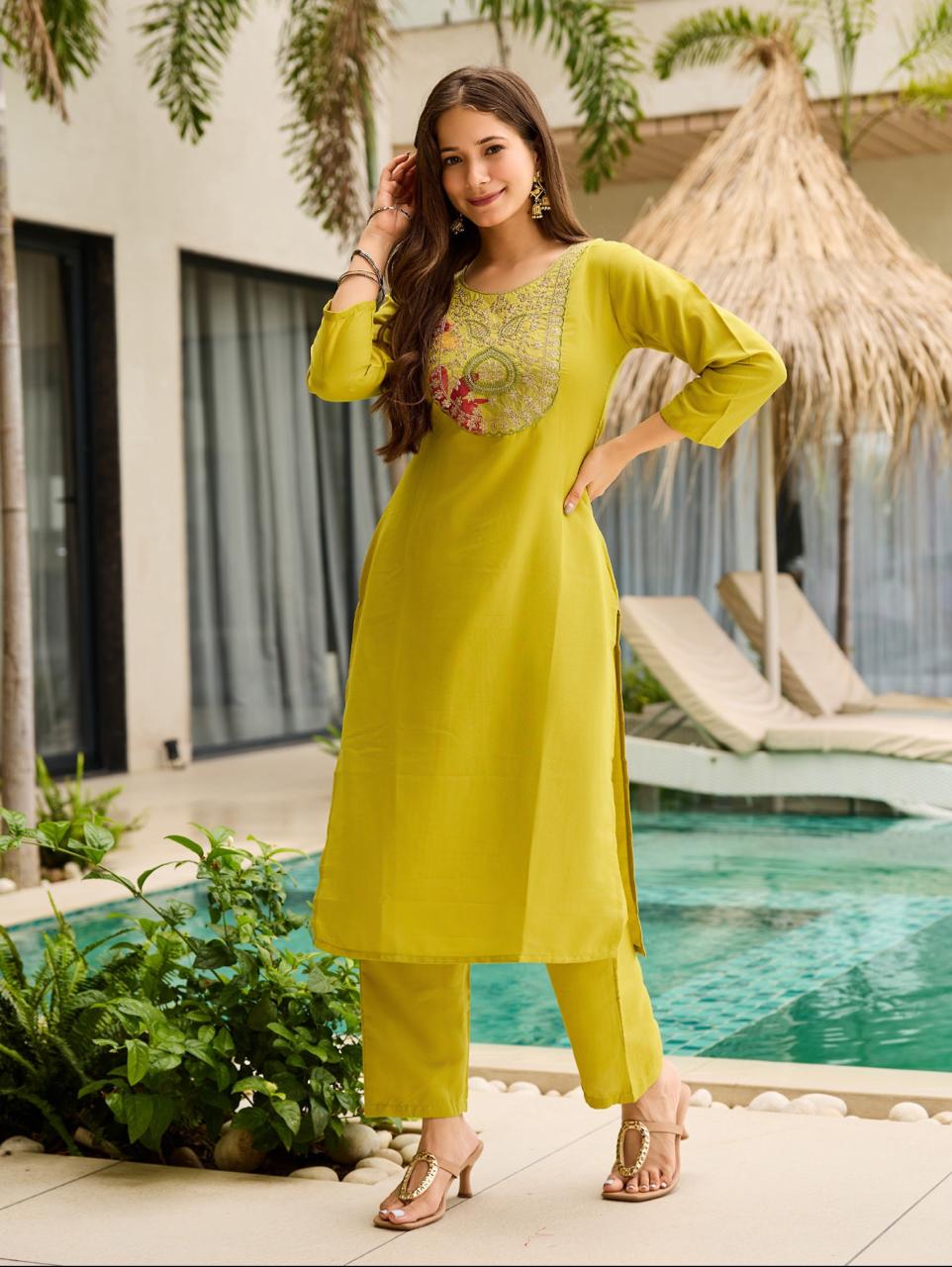 Casual & Occasion Wear Trendy Liril Rayon Embroidered Kurti  Set for Women